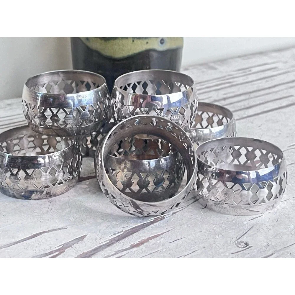 Vintage English Ornate Silver Plated EPNS Napkin Rings Tableware (Set Of 8)